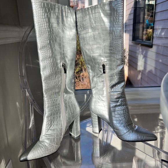 Silver Croc-Embossed Knee-High Boots - Picture 3 of 8